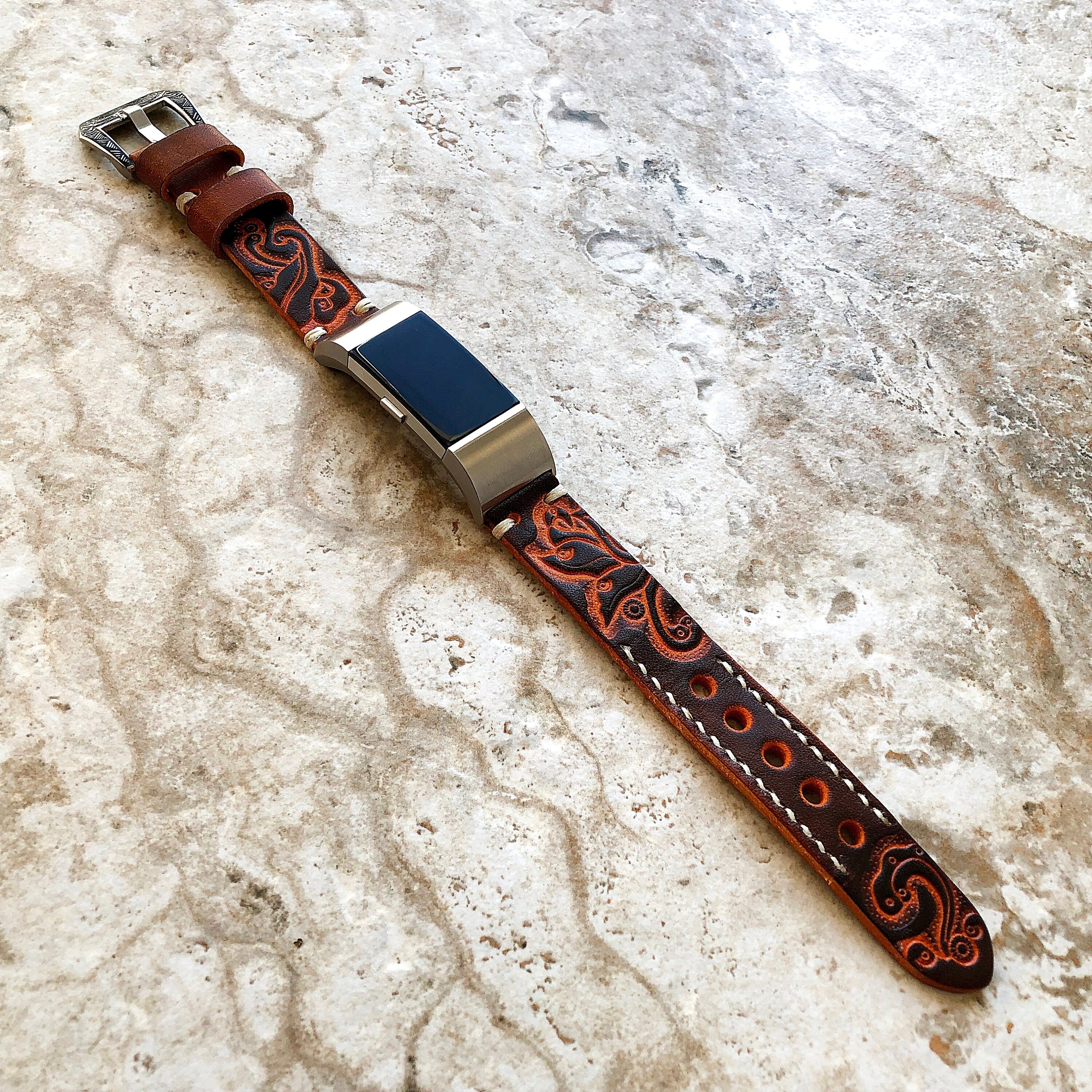 Fitbit Charge 6 5 4 3 Brown Orange Tooled Embossed Handmade Leather Band Strap Bracelet for Fitness Tracker Wristband Adapters Quick Release